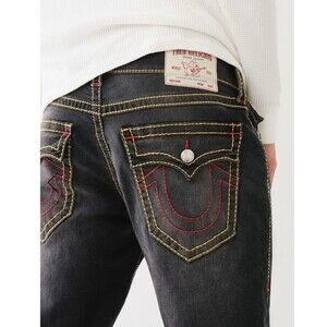 True Religion Geno BIG T Flap Relax Slim Jean Grey Humid Wash Red STICH Sz 32X32